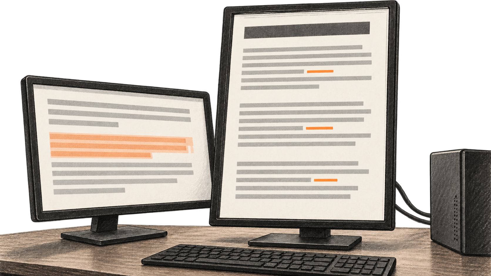 Conceptual charcoal illustration of a blog draft on a portrait monitor beside a separate source page on a smaller screen, with orange inline link marks.