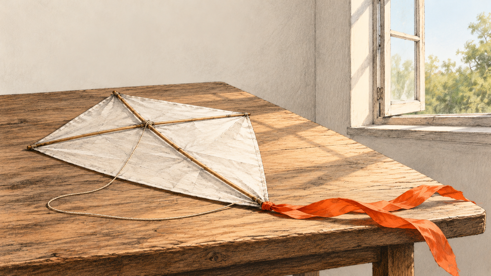 Conceptual charcoal illustration of an unmarked paper kite resting on a wooden tabletop in an empty sunlit studio, with an orange tail and an open window.