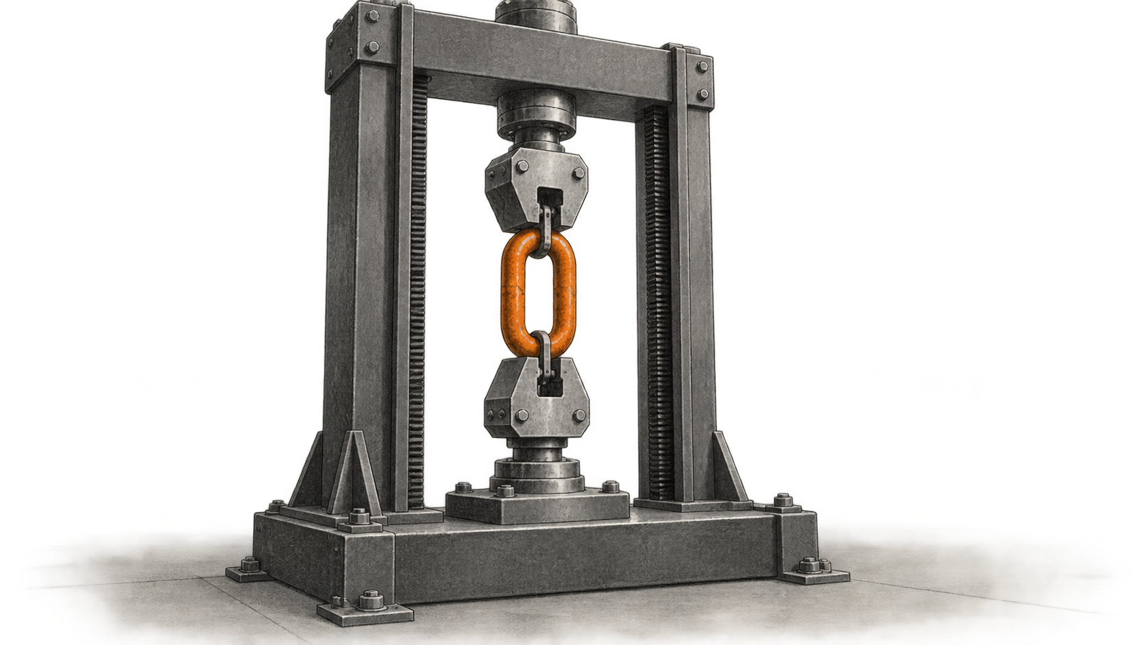 A charcoal-and-ink illustration of an intact orange chain link held between the jaws of a steel materials-testing machine.