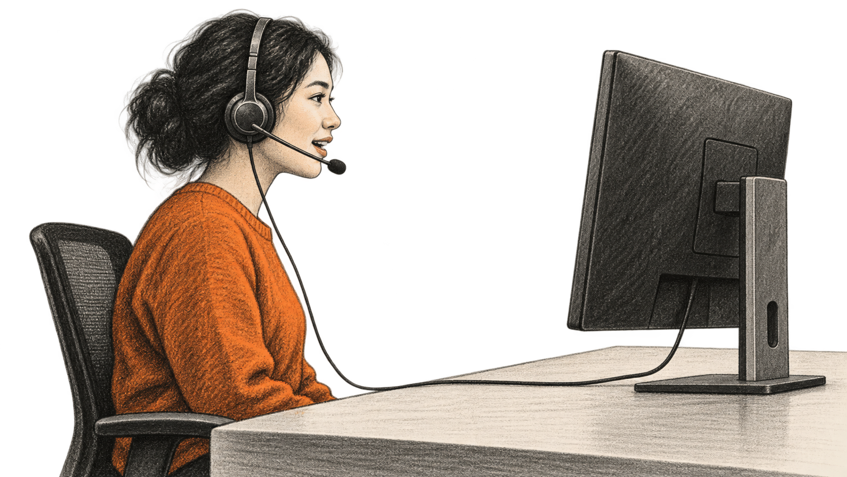 Conceptual illustration of a headset-wearing service worker facing a desktop monitor.