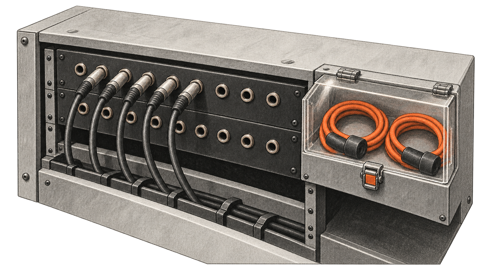 Conceptual charcoal illustration of a patch bay with five dark cords plugged in and two orange cords disconnected inside a latched tray.