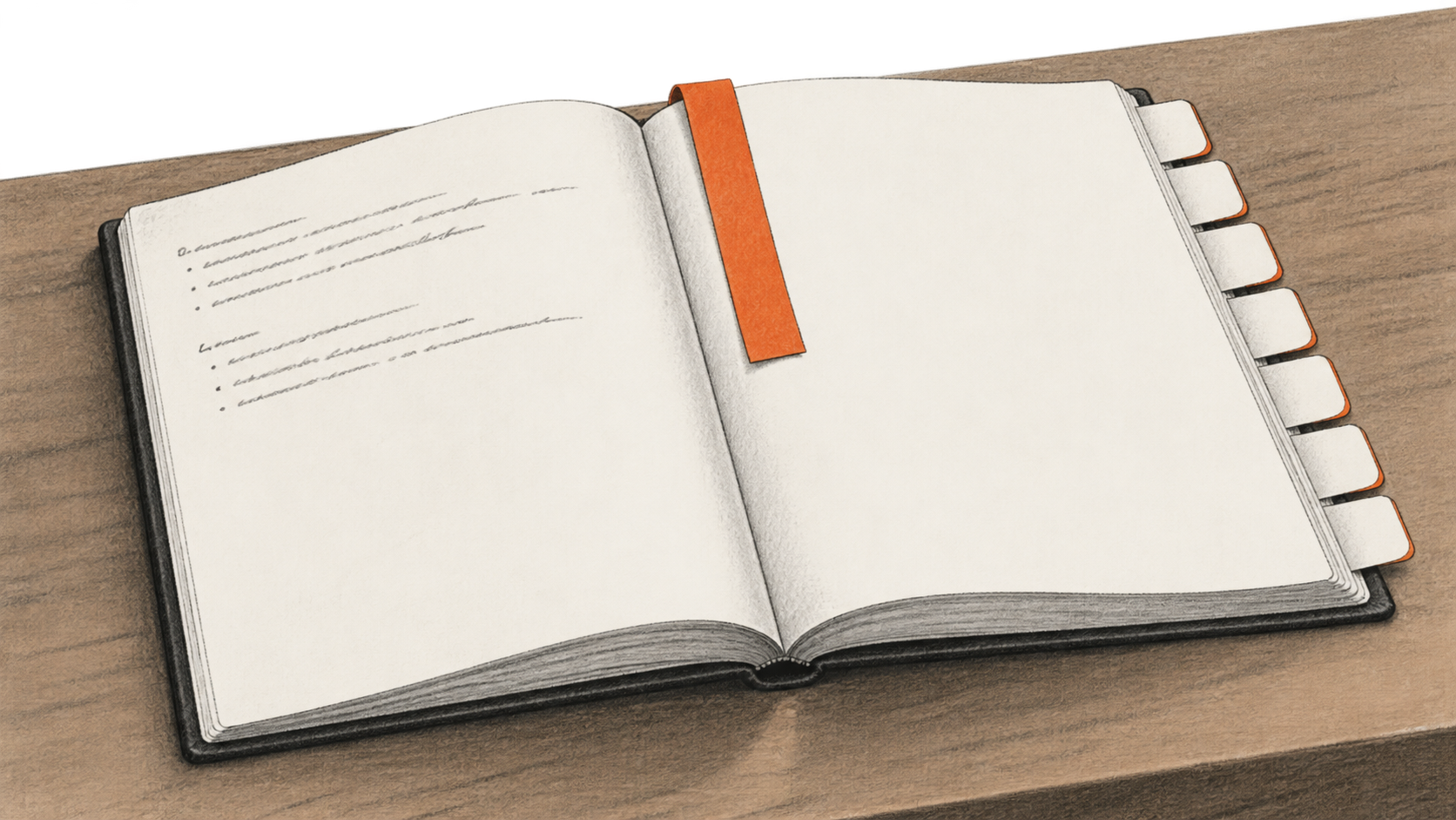 Conceptual charcoal illustration of an open study workbook with seven blank page tabs and an orange bookmark, resting on a table.