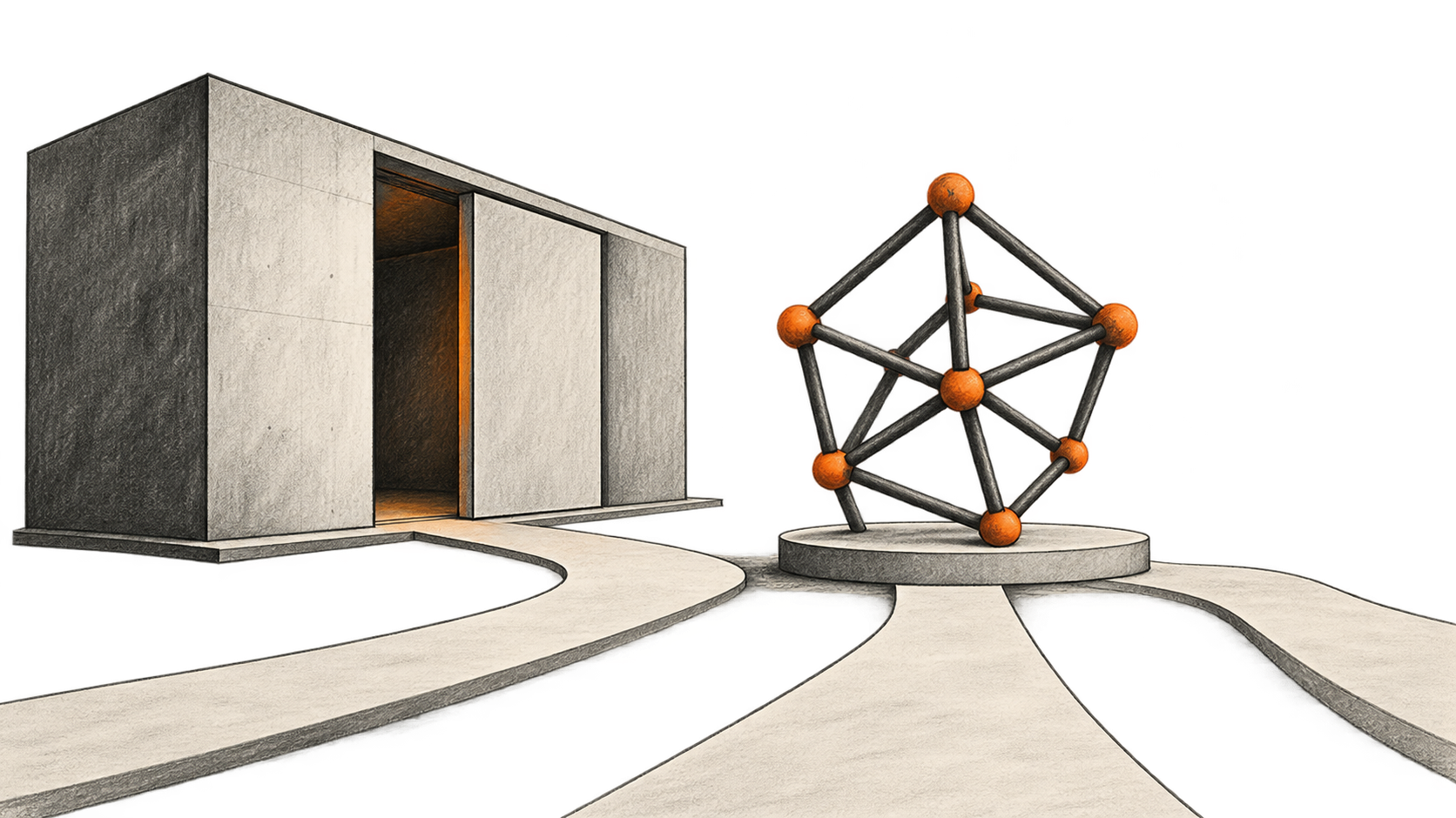 An exposed geometric structure stands outside a partly open research chamber, with broad paths approaching from several directions.