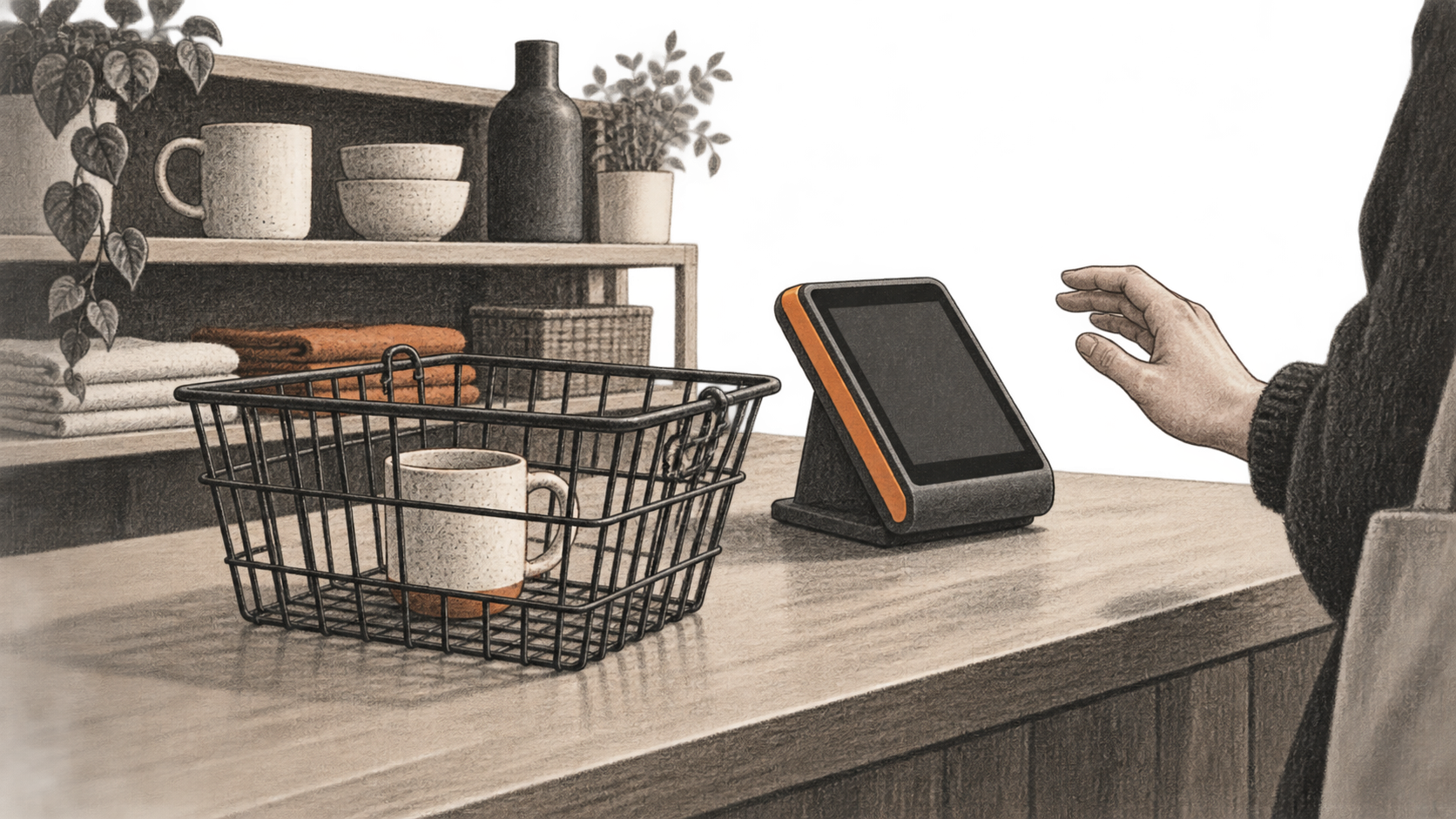 Conceptual charcoal illustration of a product shelf, a shopping basket holding one cup, and a blank checkout terminal; a shopper's hand pauses short of the terminal.