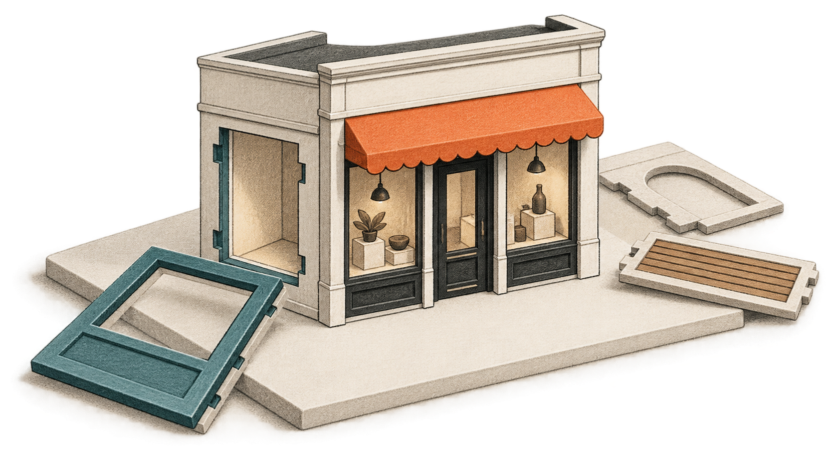 Editorial illustration of a miniature shopfront on a base, with a coral awning and separate teal frame and facade pieces arranged for customization.