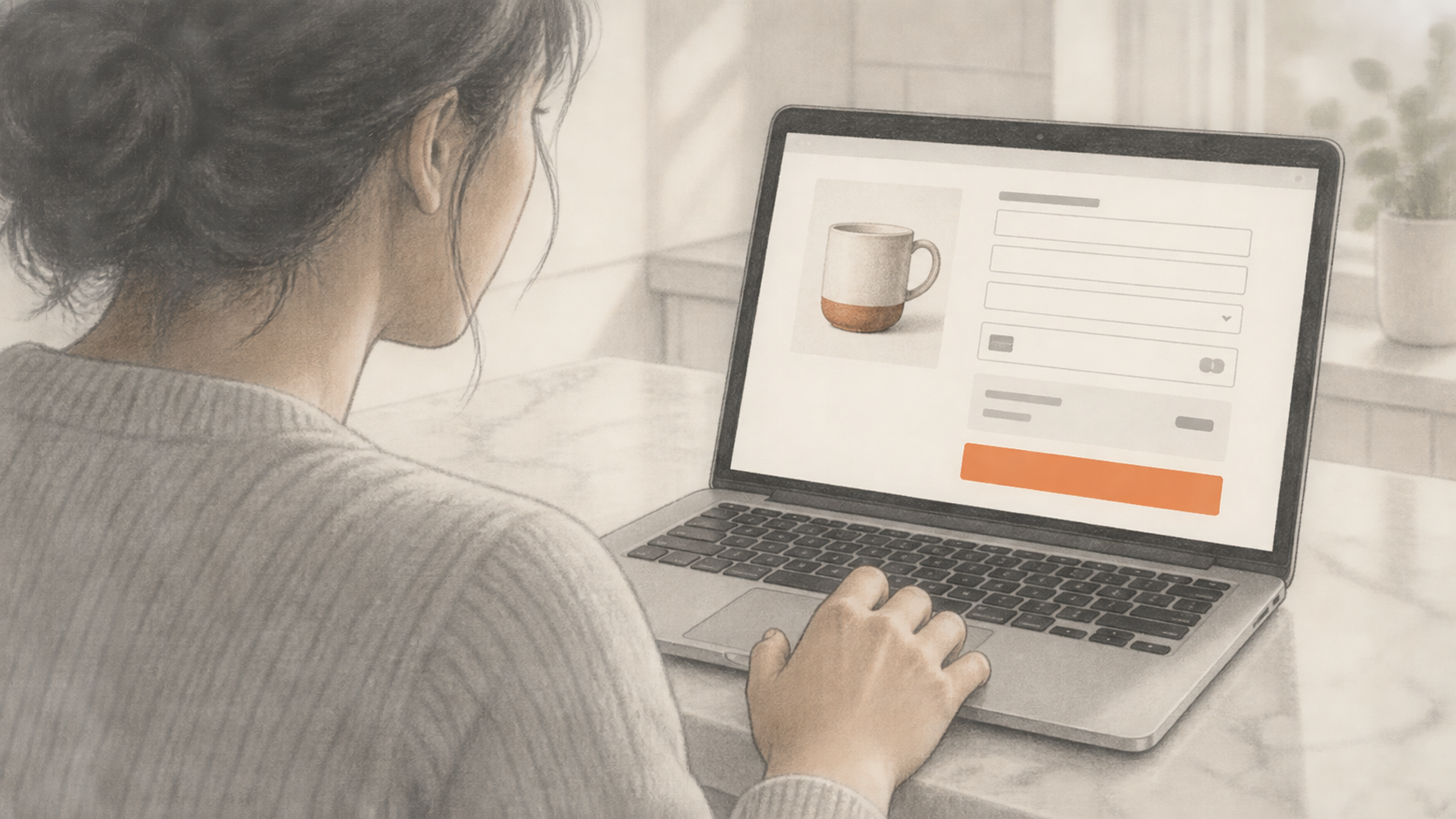Conceptual charcoal illustration of a shopper reviewing a generic checkout on a laptop at a kitchen counter, with a hand poised on the trackpad.