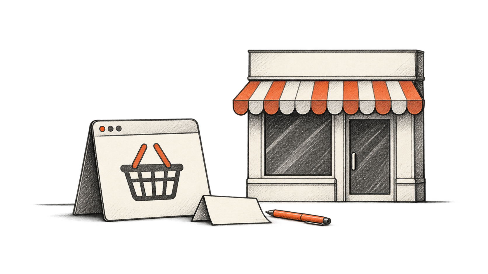 A browser-shaped shopping card, blank instruction slip and orange pen stand outside a generic storefront with a closed door.