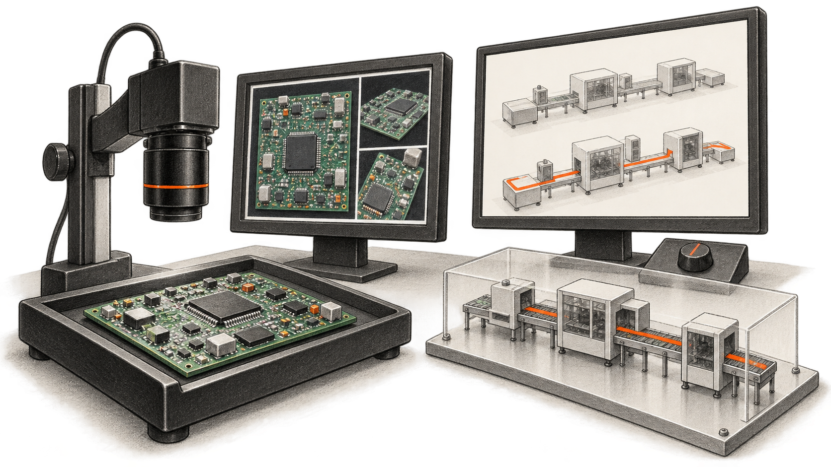 Conceptual charcoal illustration of a circuit board and inspection imagery beside a small assembly-line model and simulated routing options on a monitor.