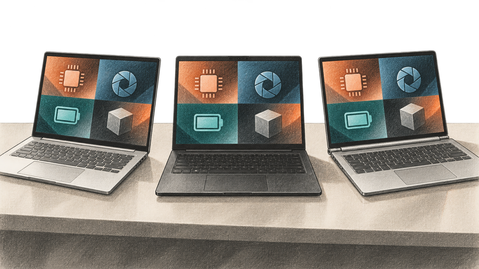 Editorial illustration of three unbranded laptops side by side on a counter, each showing the same abstract workload symbols.