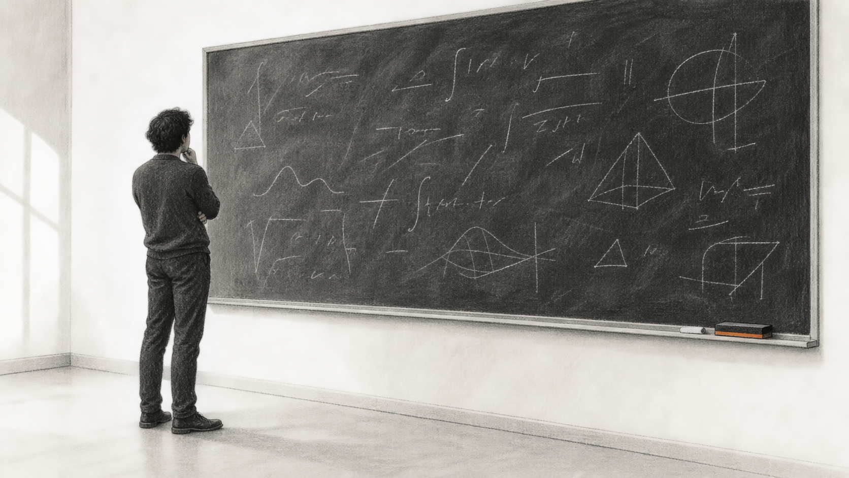 Conceptual charcoal illustration of one researcher contemplating faint mathematical marks on a large chalkboard in a plain room.