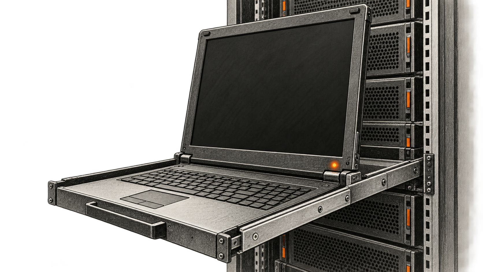 Charcoal illustration of a blank rack-mounted service console pulled out on metal rails in front of generic compute equipment.