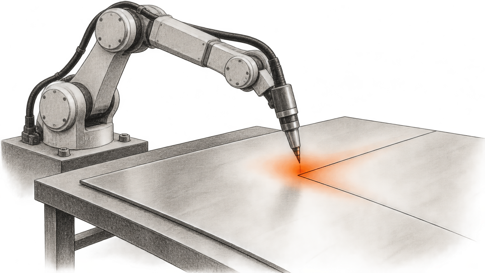 Conceptual charcoal illustration of a robotic arm poised over the corner of an L-shaped seam on a metal sheet, with an orange modeled heat region.