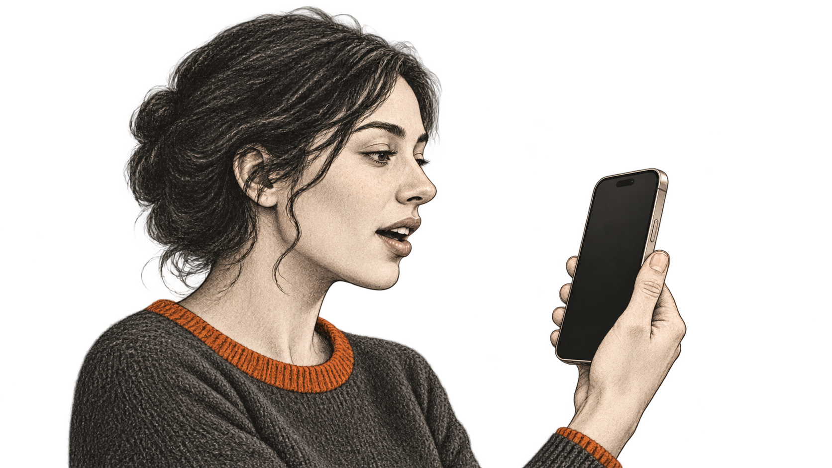 Conceptual charcoal illustration of a person speaking toward a blank-screen smartphone.