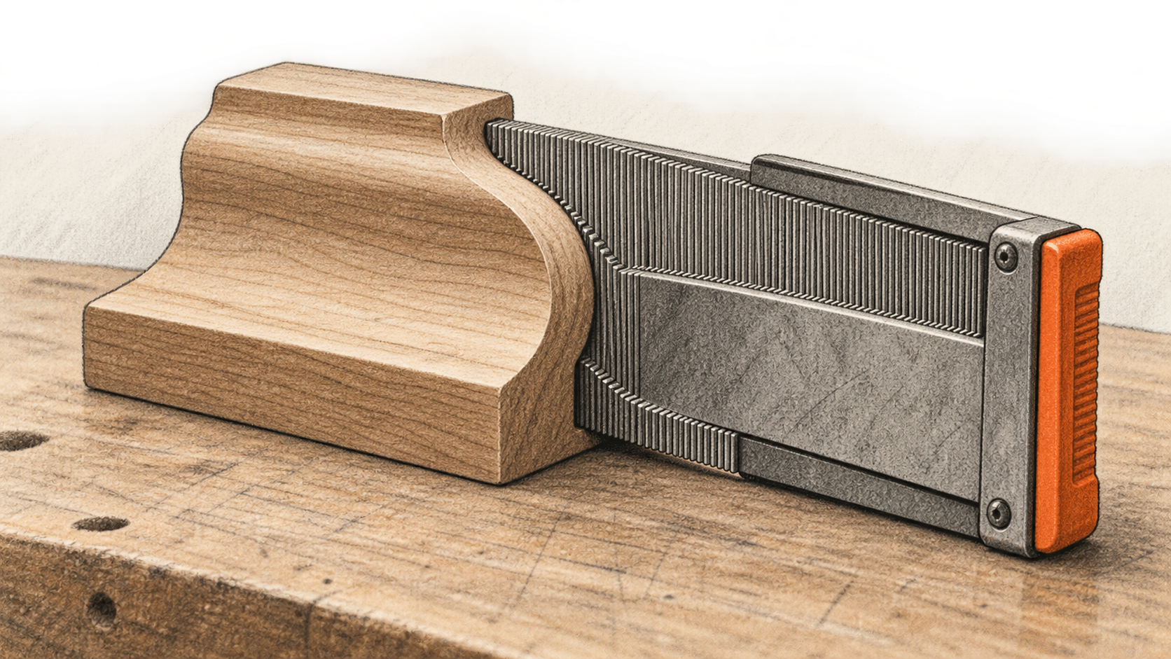 Conceptual charcoal illustration of a metal contour gauge pressed against the curved edge of a wooden profile on a workbench.