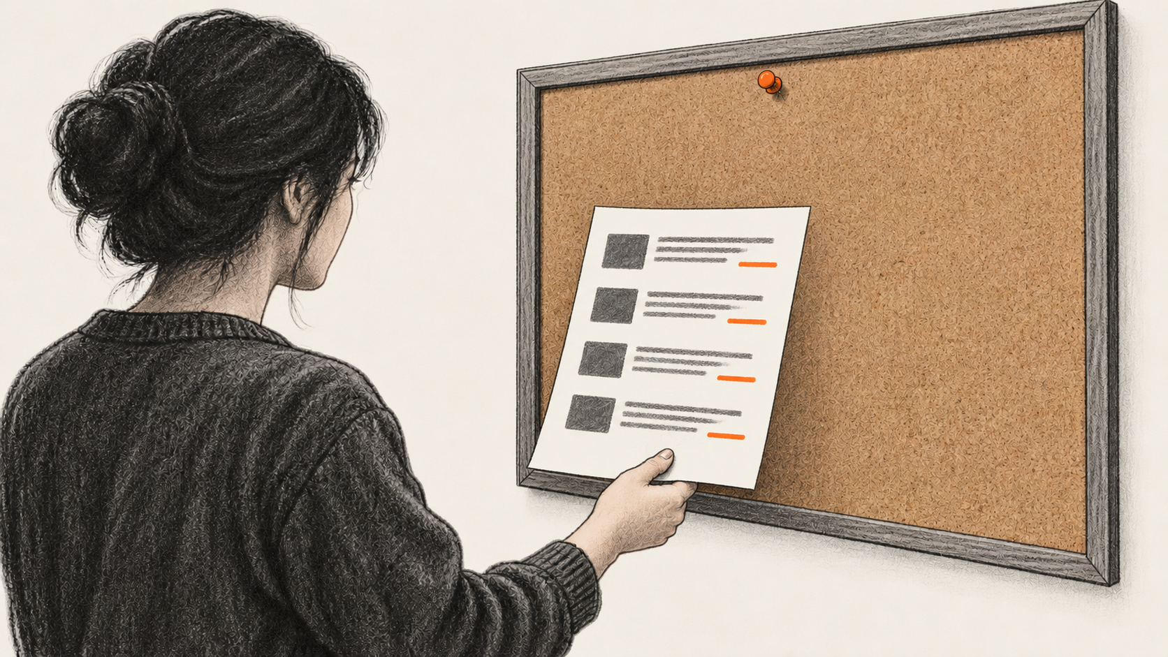 Conceptual charcoal illustration of one reviewer holding a four-point digest in front of an empty communal noticeboard with an unused orange pin.