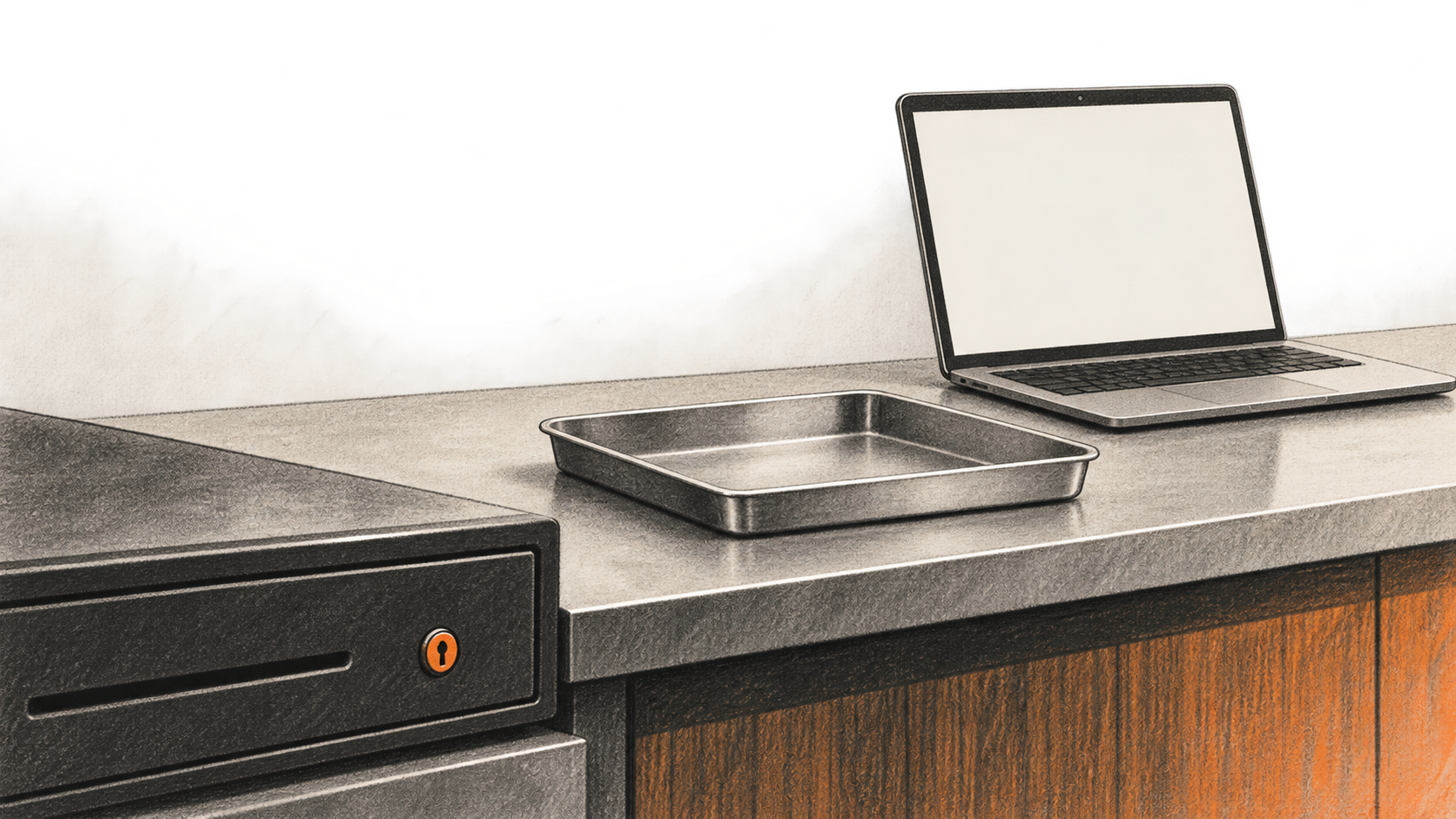 Conceptual charcoal illustration of a closed cash drawer, an empty metal output tray and an open laptop with a blank screen on a service counter.