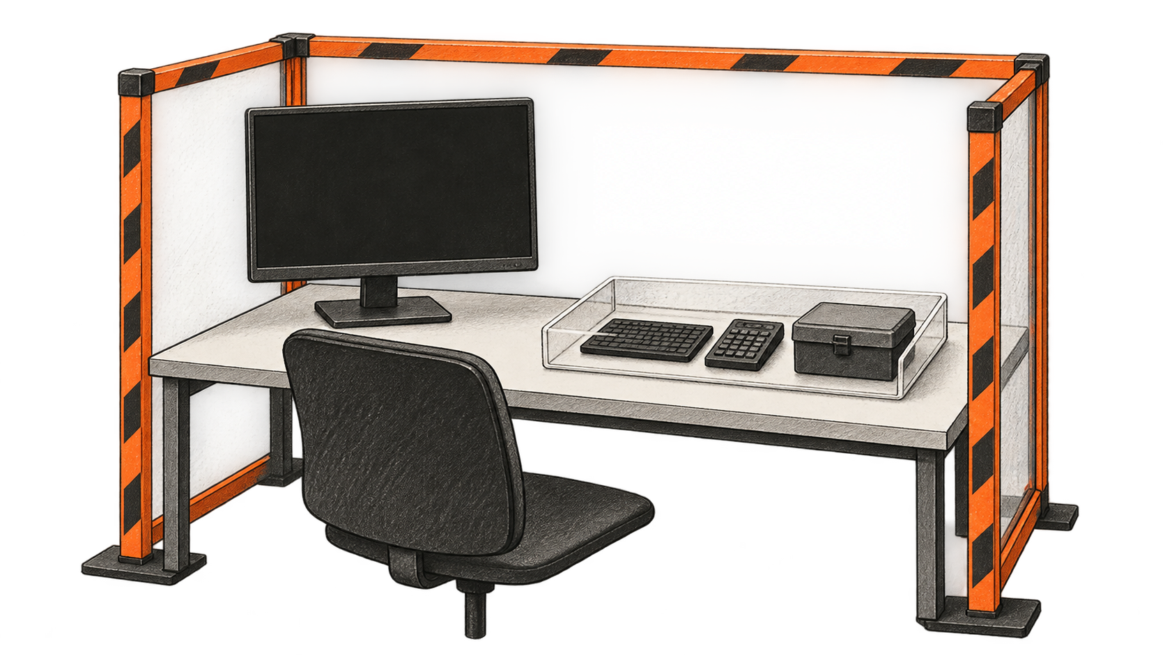 A blank monitor and tool tray sit inside an orange-edged controlled training workstation.