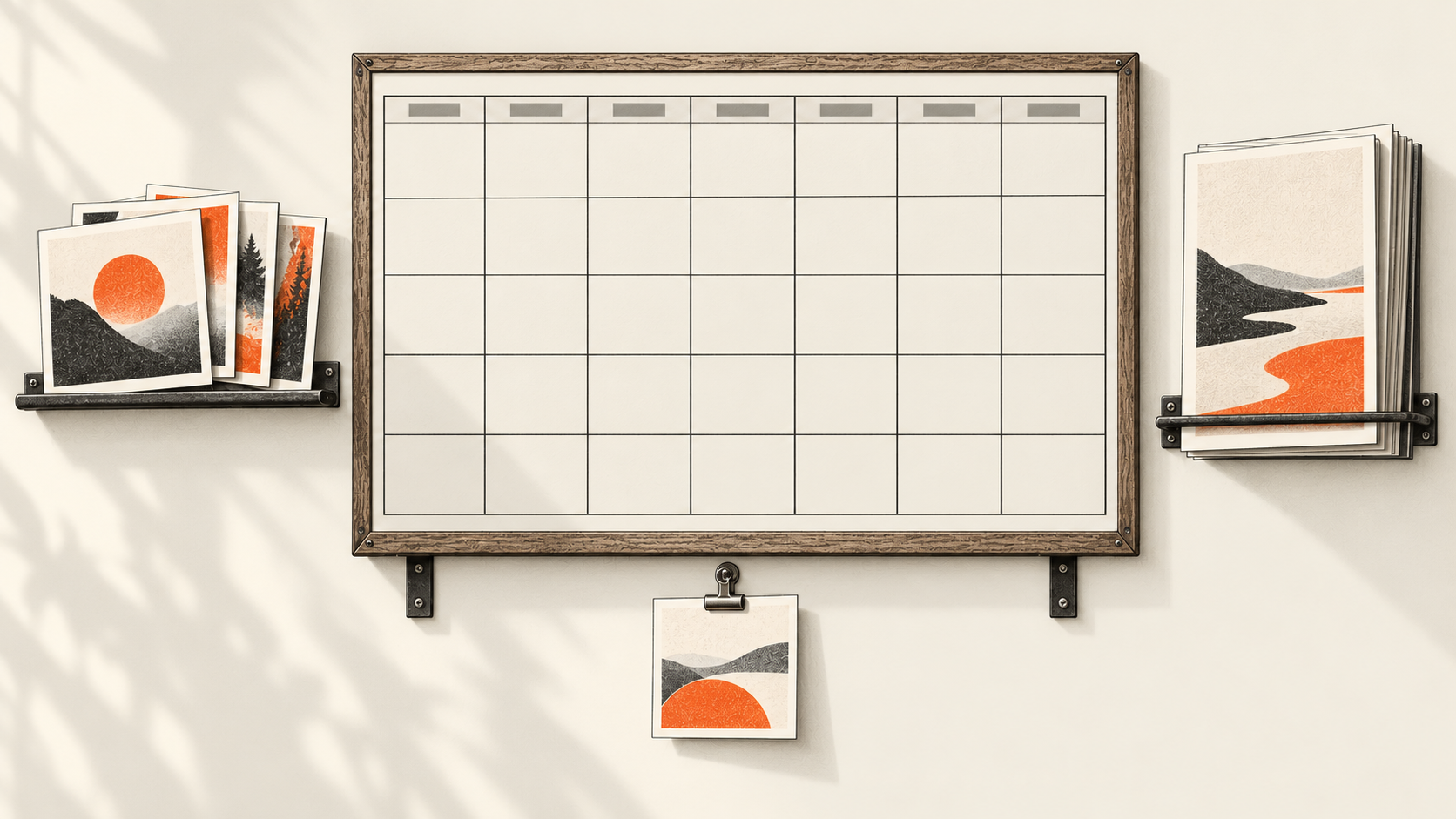Conceptual charcoal illustration of an empty five-week wall calendar between separate square image proofs and a bound document proof, with one small card clipped below.