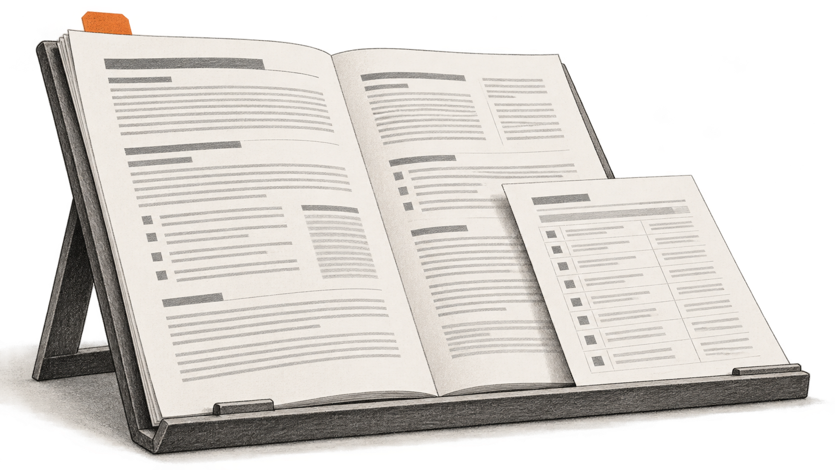 Conceptual charcoal illustration of an open specification on a reading stand with a separate acceptance-case sheet resting over one margin.