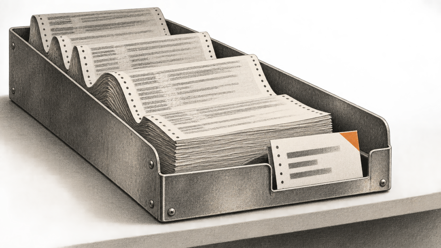 Conceptual charcoal illustration of a long fanfold diagnostic log retained in a metal tray beside a short receipt-sized sheet in its front slot.