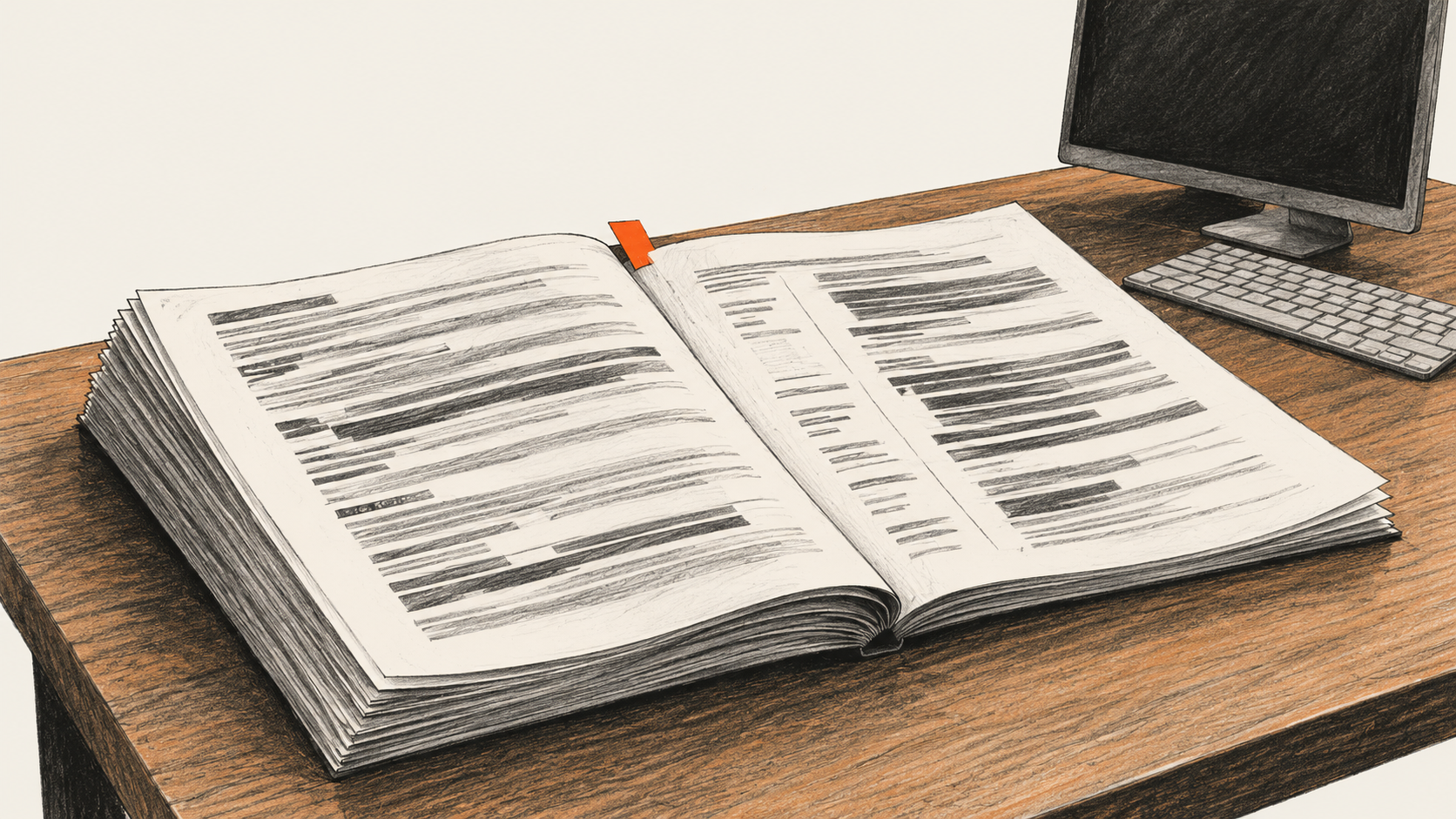 Conceptual charcoal illustration of an open packet of unreadable records beside a dark desktop monitor.