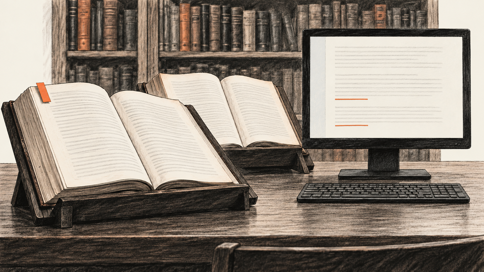 Conceptual charcoal illustration of two separate open source books beside a desktop monitor showing a faint, unreadable notes page in a reading room.