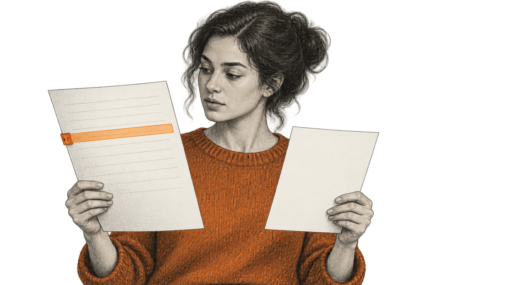 Conceptual charcoal illustration of one person holding a larger blank ruled source page and a smaller blank candidate page, with an orange reading strip across the source.