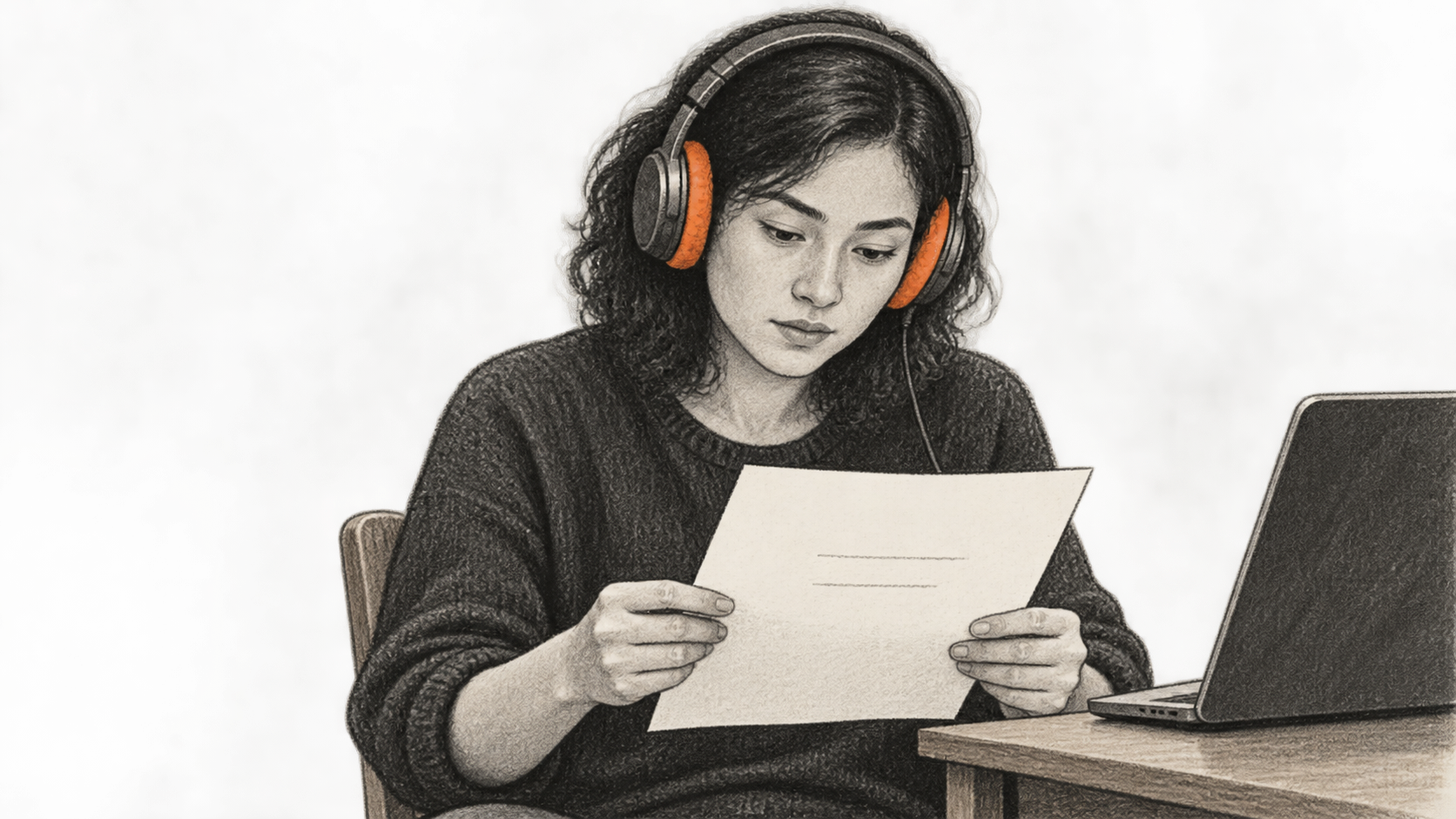 Conceptual charcoal illustration of one headphone listener holding a short spoken-copy sheet beside an unbranded laptop.