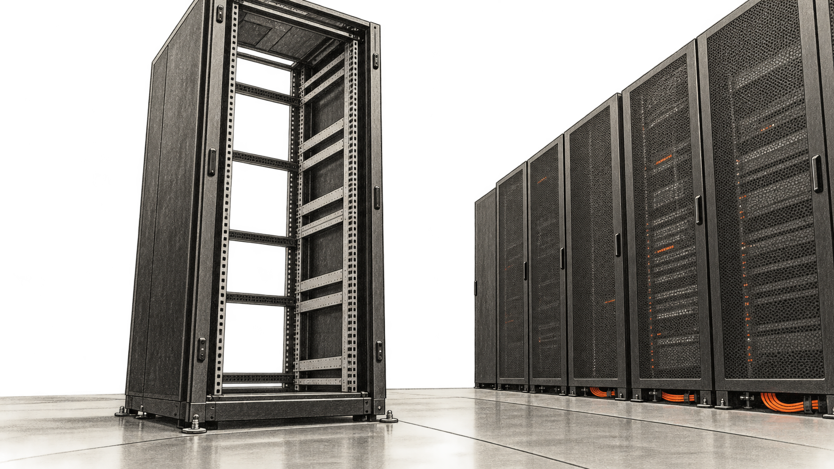 Conceptual charcoal illustration of an empty server cabinet in the foreground of a generic data-center aisle, with closed cabinets farther back.