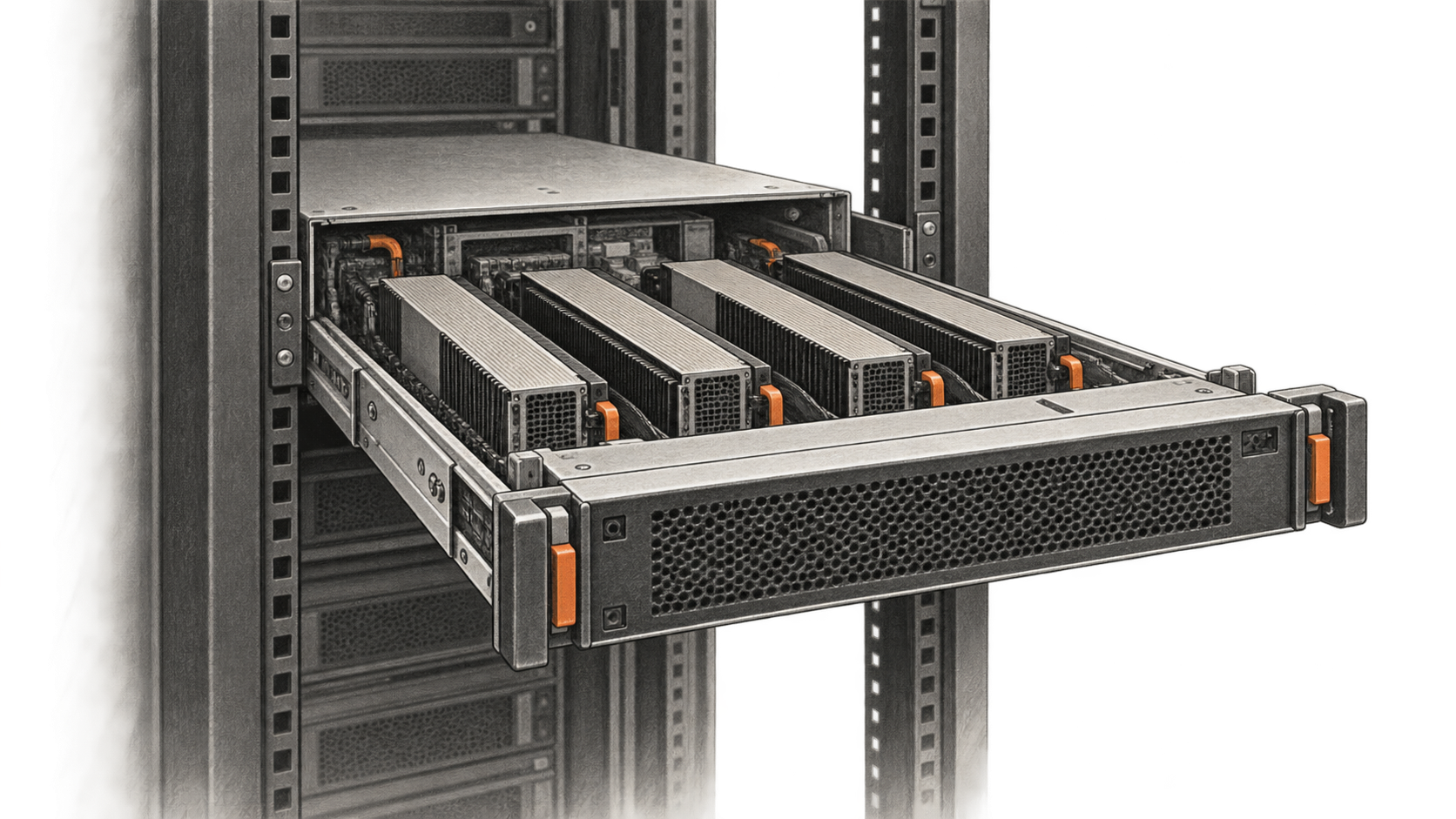 Conceptual charcoal illustration of a generic rackmount server with a tray pulled partly forward, showing four finned modules inside.