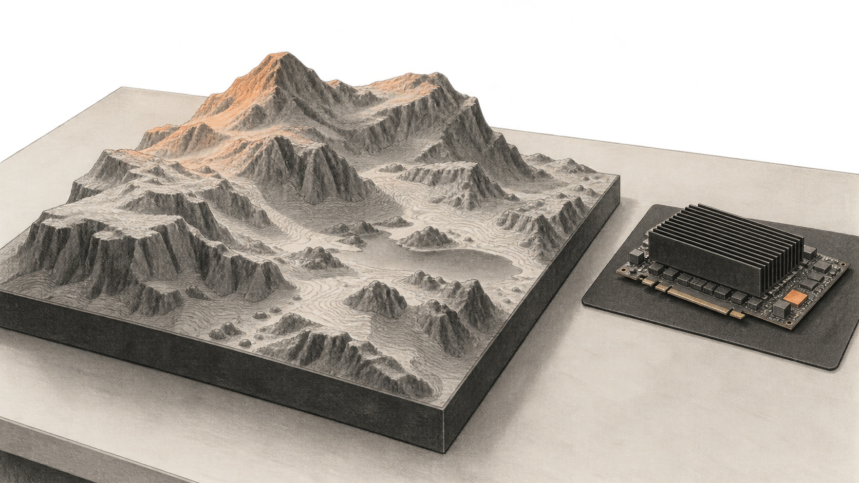 Charcoal illustration of a raised rocky terrain model beside an unbranded compute board on a shared work surface.