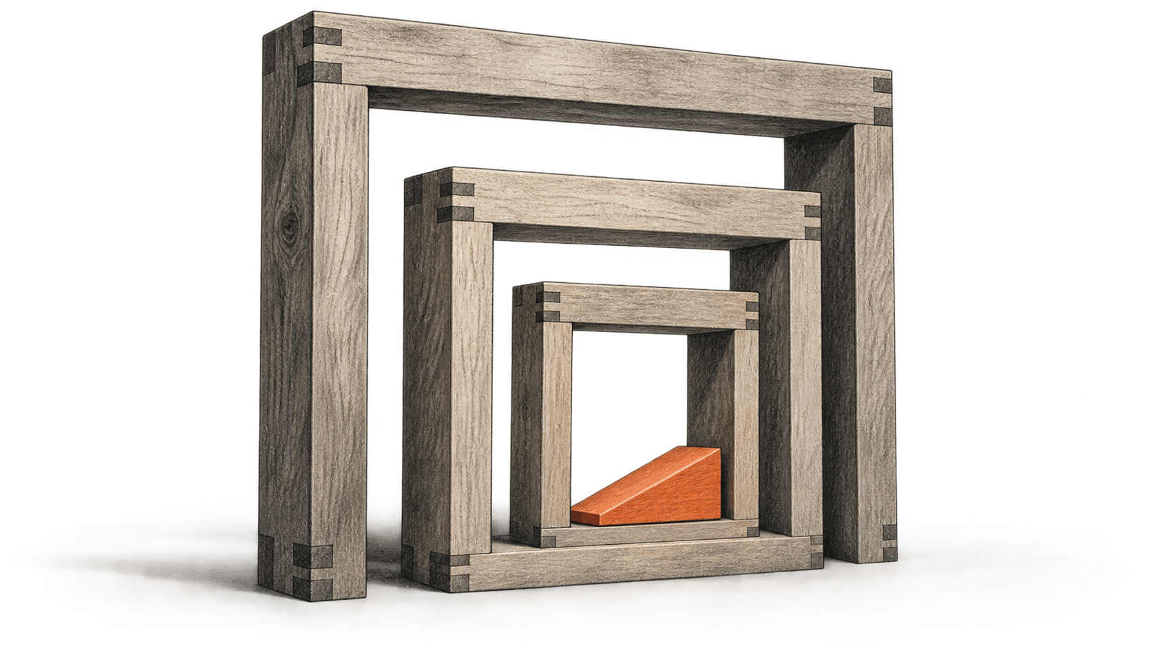 Conceptual illustration of three nested wooden frames with an orange wedge inside.