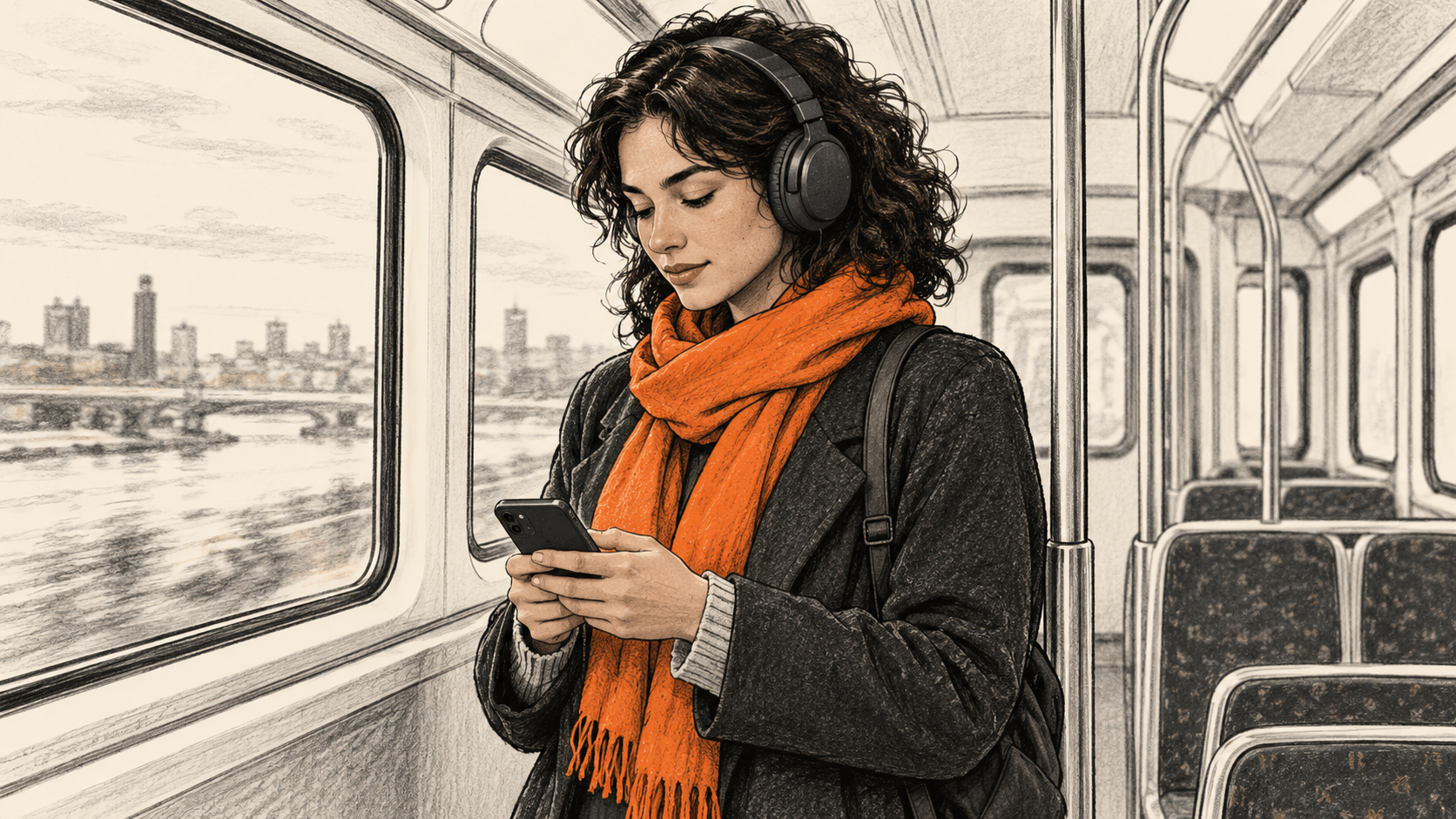 Conceptual charcoal illustration of one headphone listener looking at an unbranded phone while standing inside an otherwise empty commuter train.