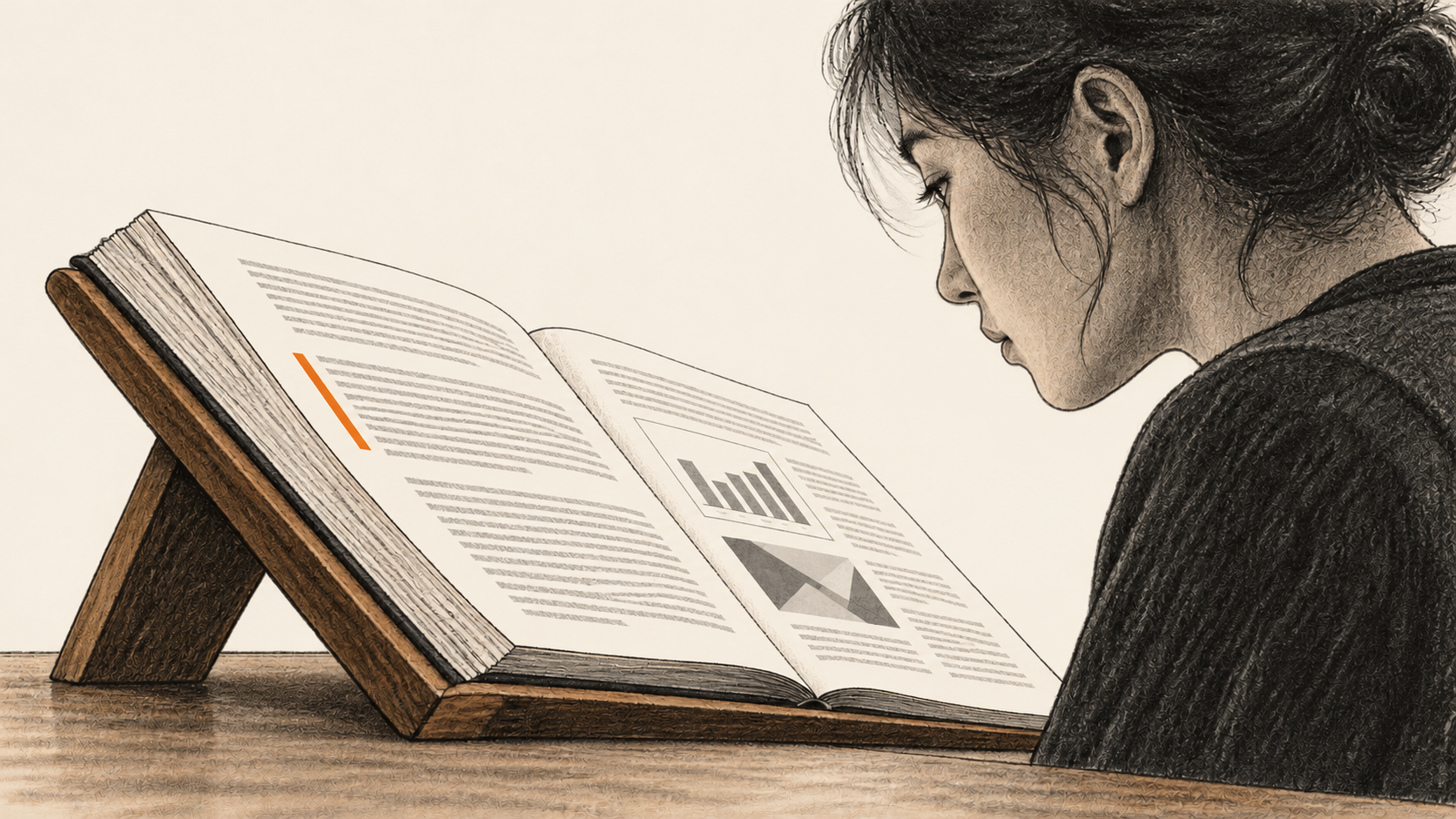 An anonymous reviewer studies an open manuscript with an orange margin mark, a chart and a figure on a wooden stand.