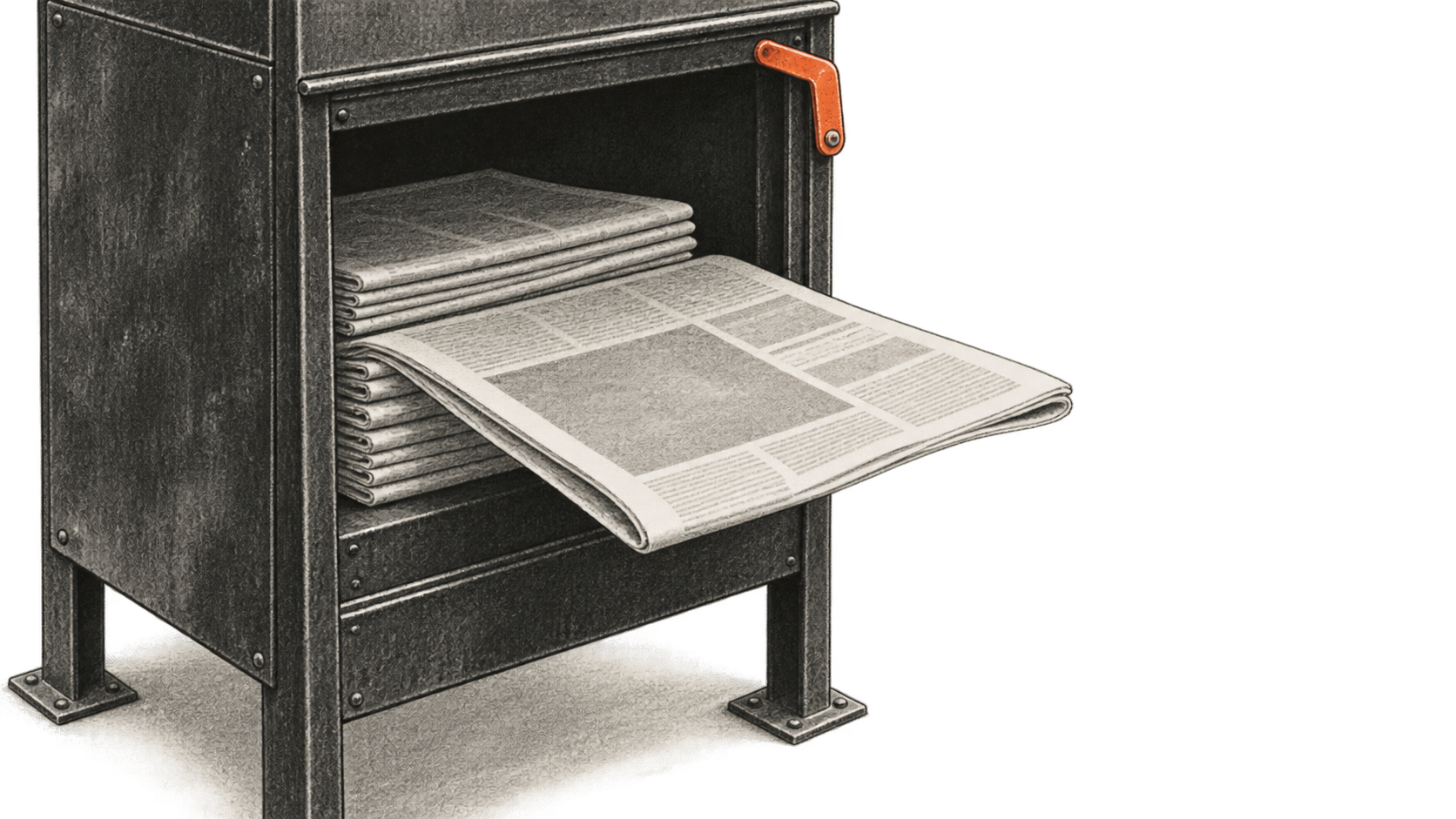 Conceptual charcoal illustration of one newspaper partly withdrawn from a dark metal newsstand rack, while other copies remain inside.