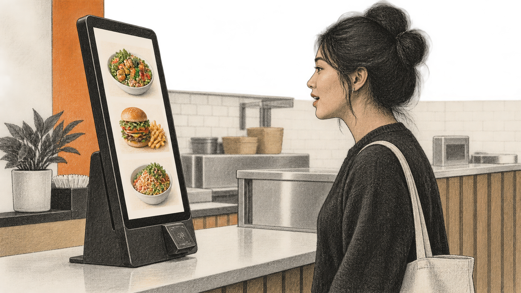 Conceptual charcoal illustration of one diner speaking toward an unbranded portrait-format restaurant ordering kiosk with food images on its screen.