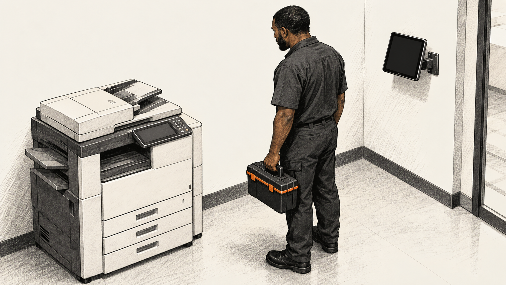 Conceptual charcoal illustration of one facilities worker with a closed service kit facing an office copier; a blank, dark staff terminal is mounted on the wall nearby.