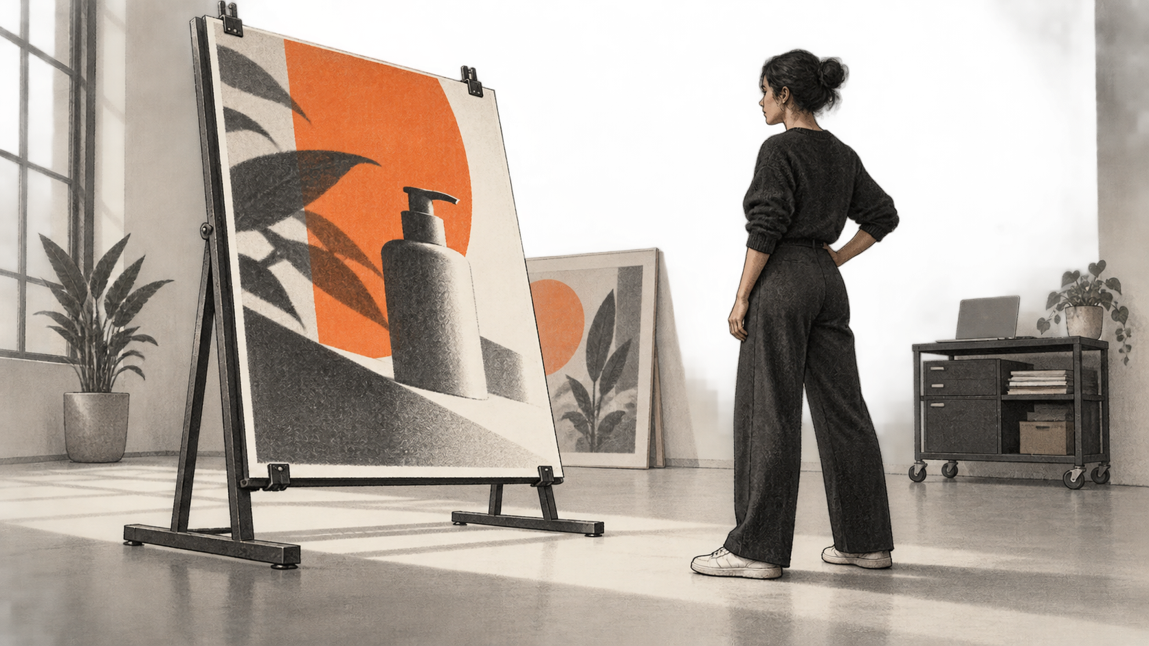 Conceptual charcoal illustration of a marketing worker facing a mounted campaign proof, with a laptop on a rolling cart.