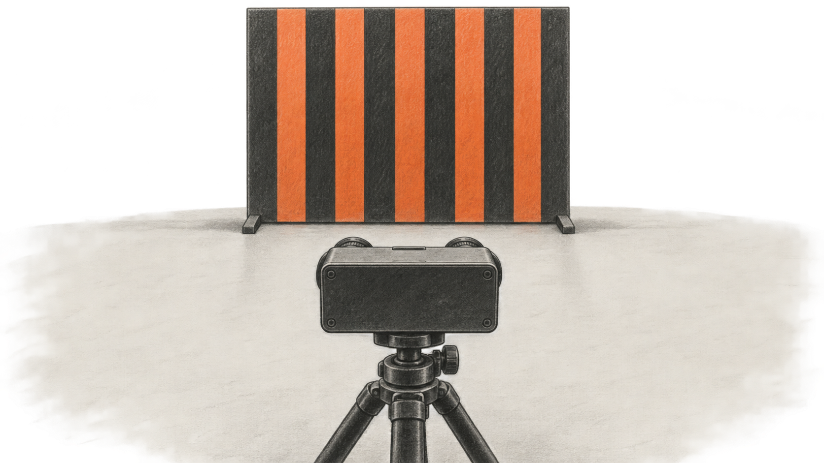 From behind, a tripod-mounted stereo camera points toward a freestanding panel with repeated dark and orange vertical stripes.