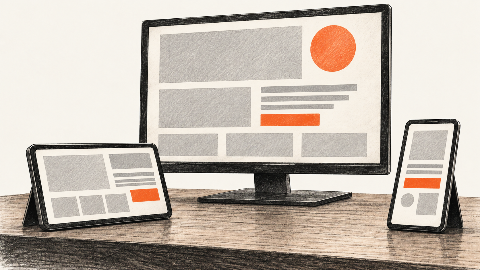 Conceptual charcoal illustration of one generic layout on a monitor and two distinct smaller layouts on supported devices beside it.