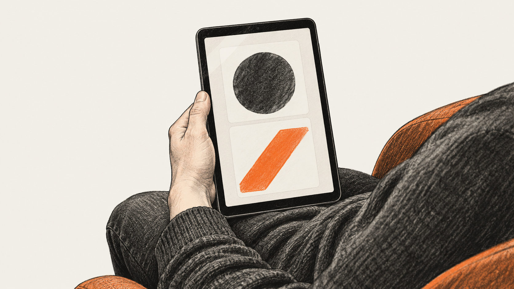 Conceptual charcoal illustration of a person holding a portrait tablet with two abstract cards on its screen.
