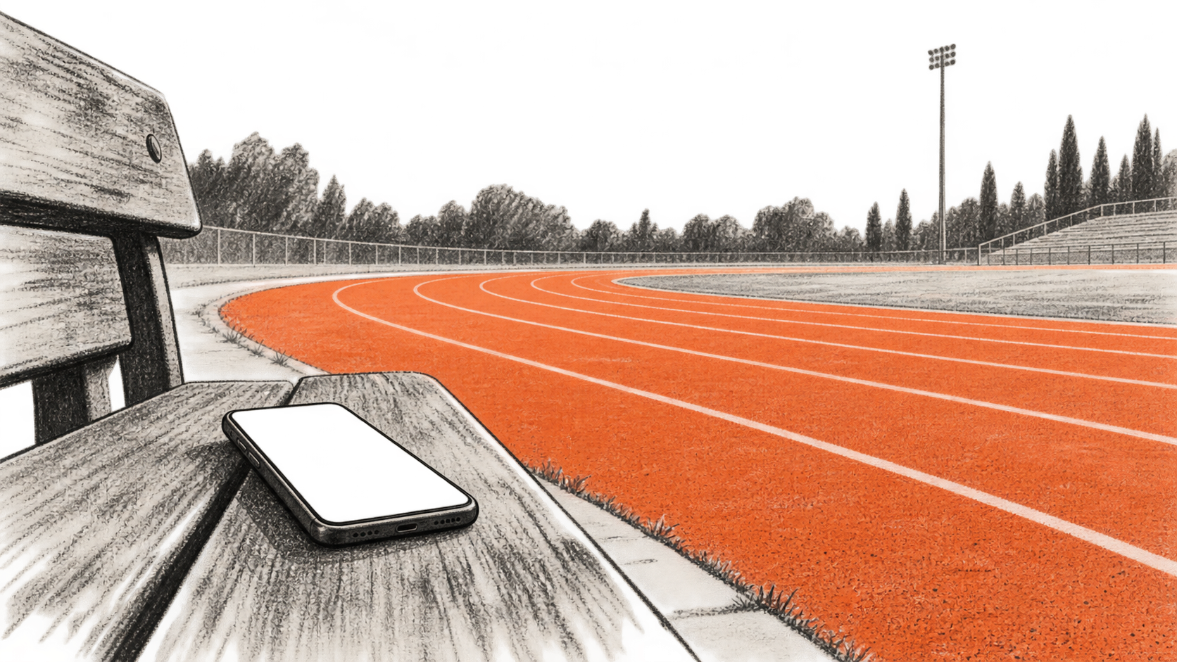AI-generated conceptual illustration of an empty running track and a blank-screen phone on a bench.
