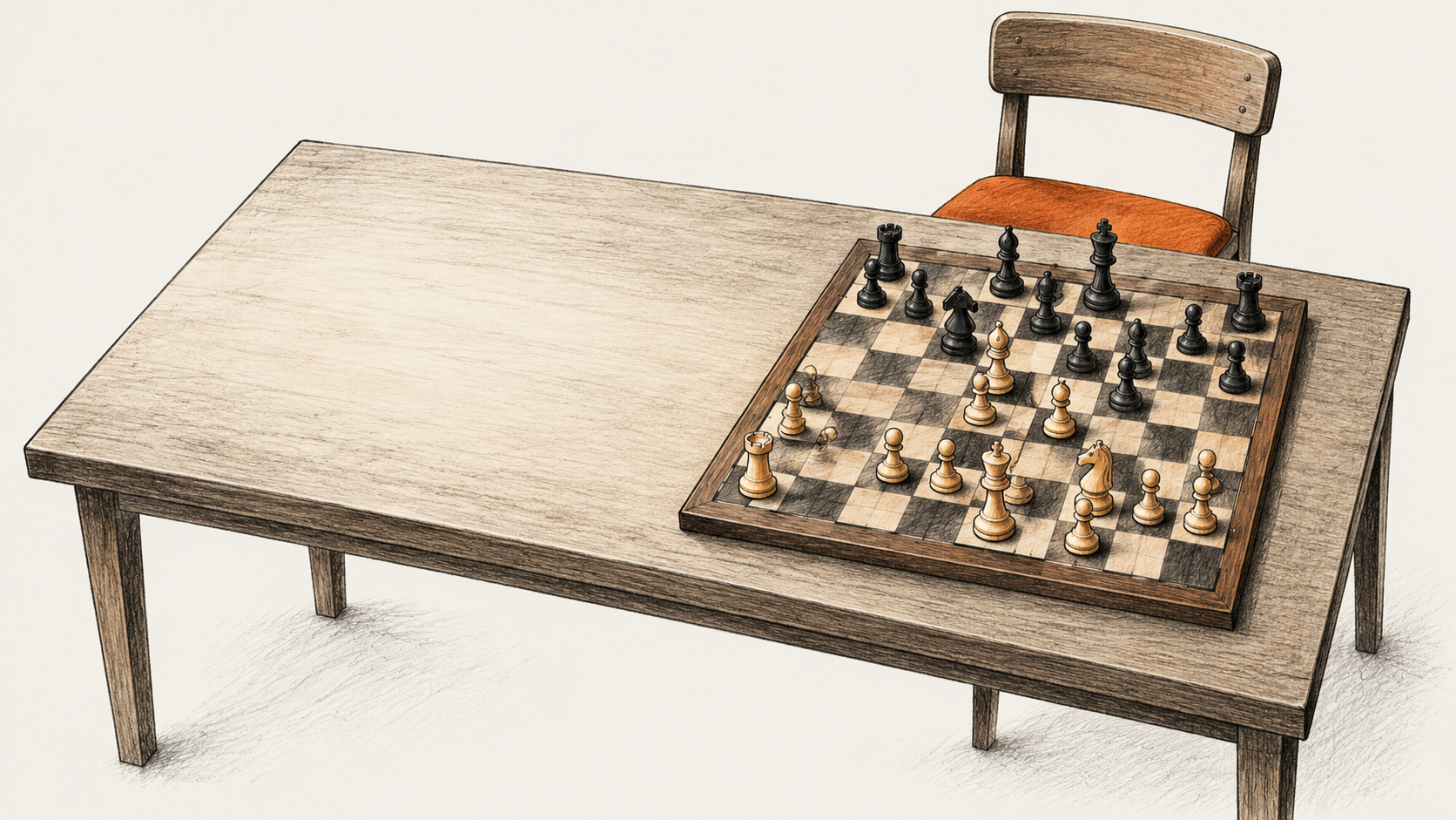 Conceptual charcoal illustration of an unoccupied chair behind a chessboard on a table.