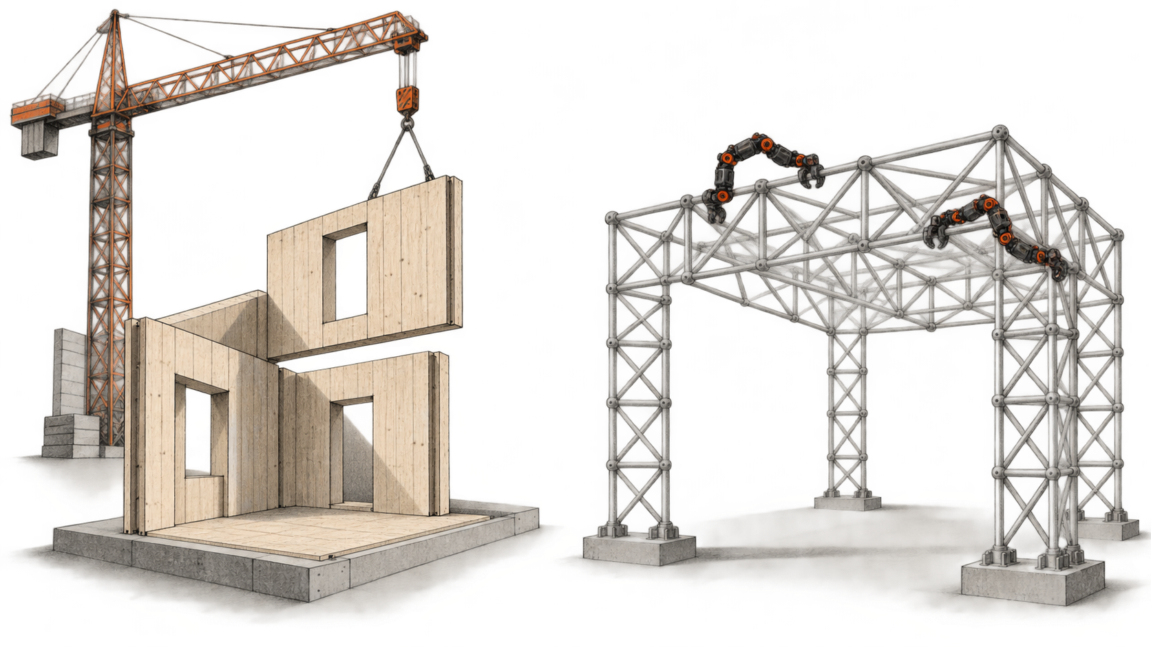 Conceptual charcoal illustration of a crane lifting a timber wall panel on the left and two articulated robots gripping a separate lattice space frame on the right.