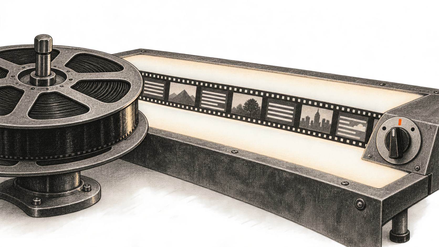 Conceptual charcoal illustration of a long film strip with image and text-like frames passing across a light table beside a three-position selector switch.