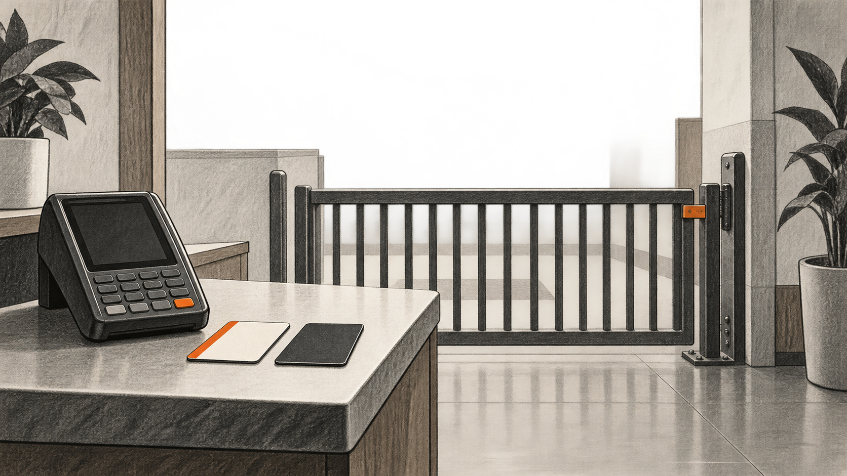 Conceptual charcoal illustration of two blank membership cards and an unbranded payment terminal on a reception counter, with a closed access gate beyond.
