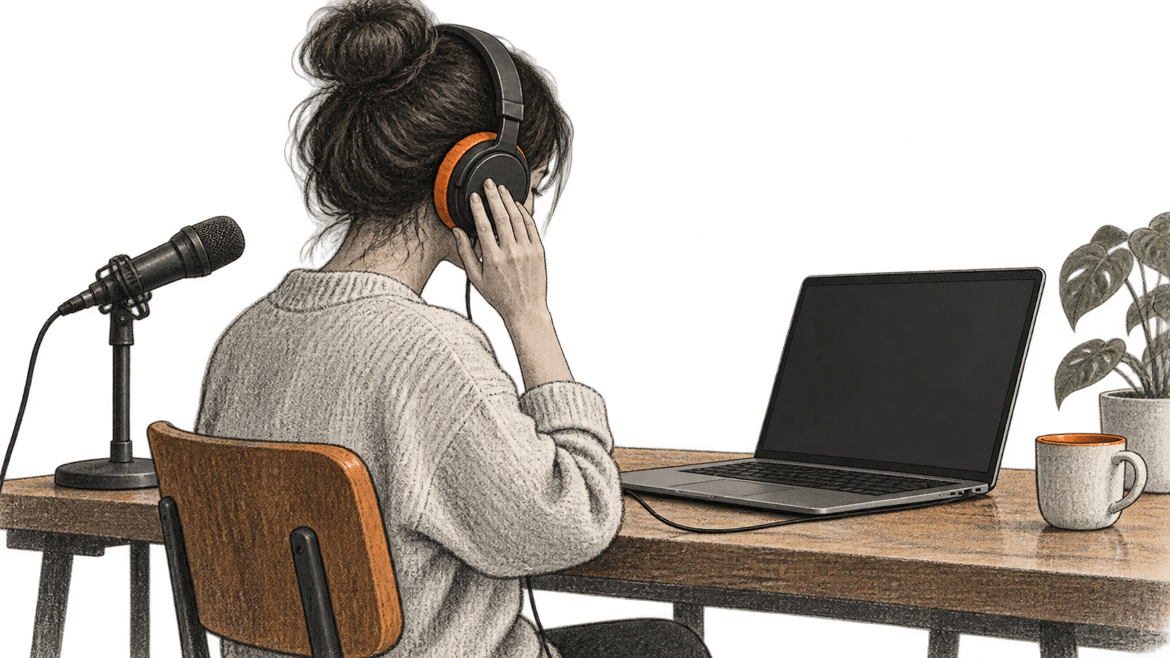 Conceptual charcoal illustration of one creator listening through headphones at a table, with a vocal microphone beside them and an unbranded laptop in front.