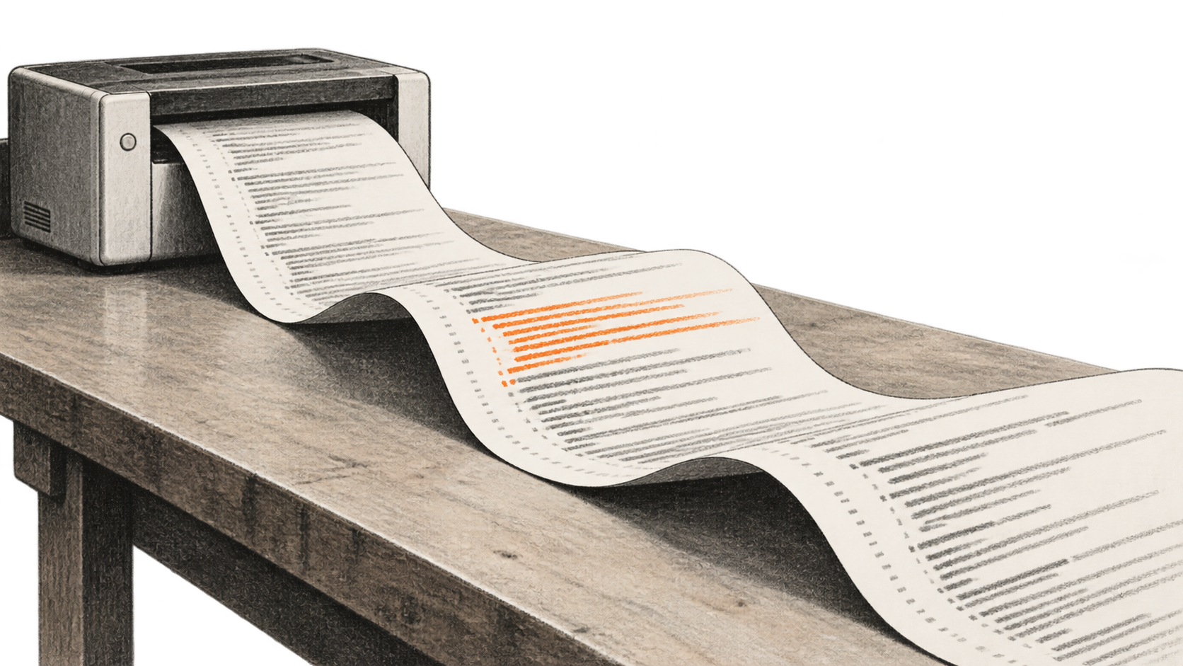 Conceptual charcoal illustration of a long, unlettered code-diff proof sheet emerging from a printer across an inspection table, with a short orange passage.