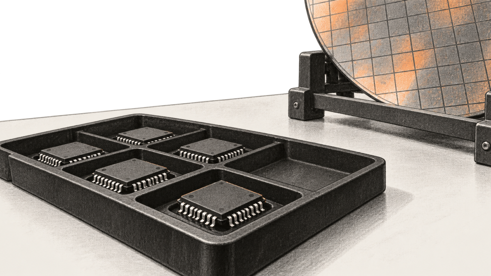Conceptual illustration of unbranded integrated circuits in an antistatic tray beside a silicon wafer on a workbench.