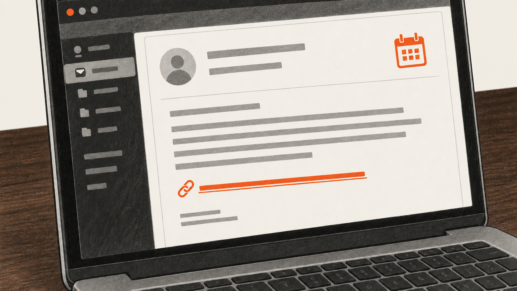 Close view of a laptop displaying a conceptual email invitation with an orange calendar symbol and link; no readable message text.